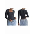 thumbnail image 3 of Womens Long Sleeve Shirts Square Neck Tops Ribbed Knit Teen Girls Crop Tops Fall Fashion Clothes Dark Gray M, 3 of 9