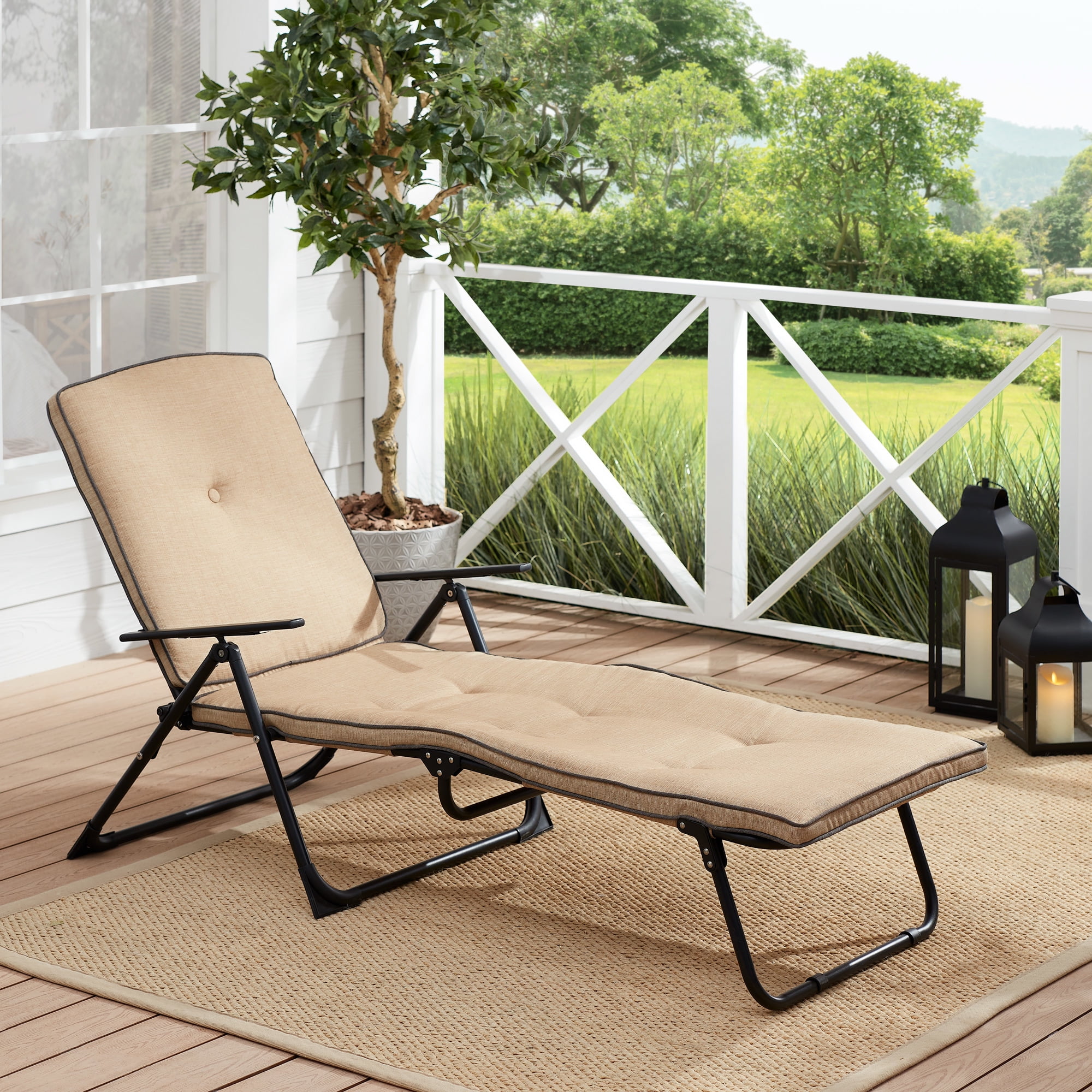 Mainstays Sand Dune Foldable Steel Outdoor Chaise Lounge, Beige/Black