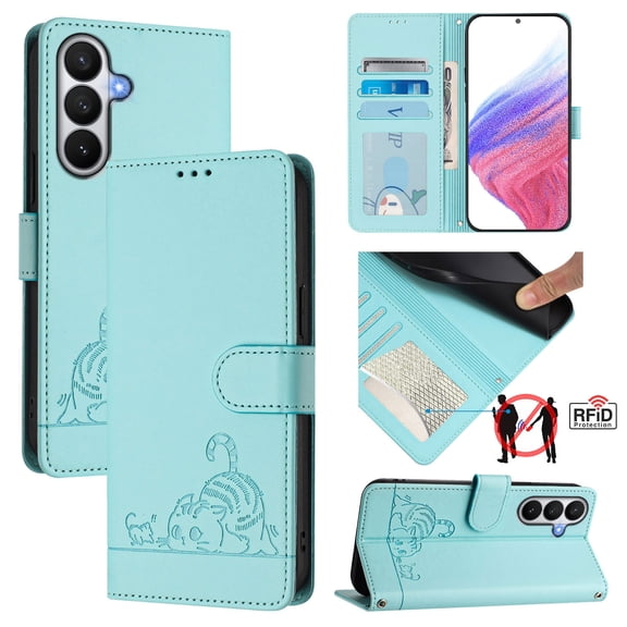 ELEHOLD Crossbody Case for Samsung Galaxy S26, Cute Cat Design RFID Blocking Leather Wallet Case, 3 Card Holders, Stand Function,Mint