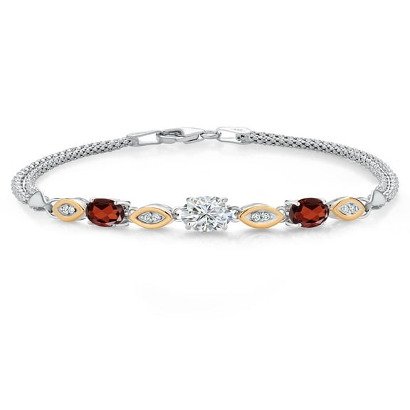 Gem Stone King 925 Silver and 10K Yellow Gold Lab Grown Diamond and Red Garnet Bracelet for Women | 1.92 Cttw | Center Diamond 0.70 Ct | DEF Color | VVS-VS Clarity | Wheat Chain | 7.5 inches