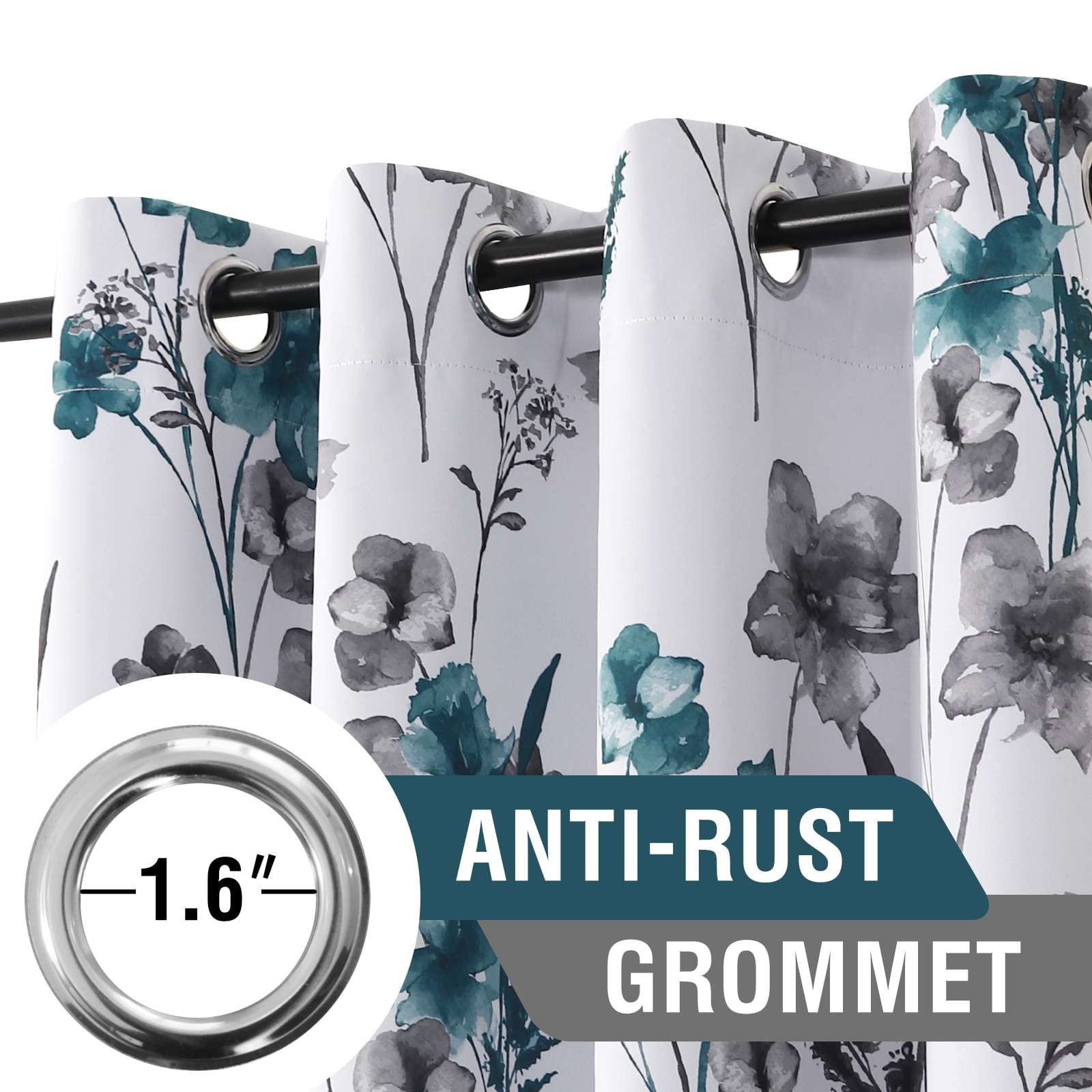 H.VERSAILTEX 100% Blackout Curtains Cattleya Floral Printed Drapes Leah Floral Thermal Bedroom Curtains for Living room with Black Liner 2 Panels,52" x 108",Grey/Teal