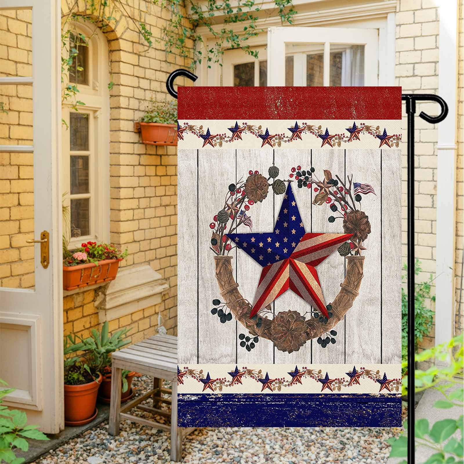 4th of July Garden Flags Texas Stars Wreath Garden Flag Double Sided Welcome Flag Patriotic Star on Rustic Wood Independence Day Yard Flags for Outdoor Lawn Porch Memorial Day Decor 28x40 Inch