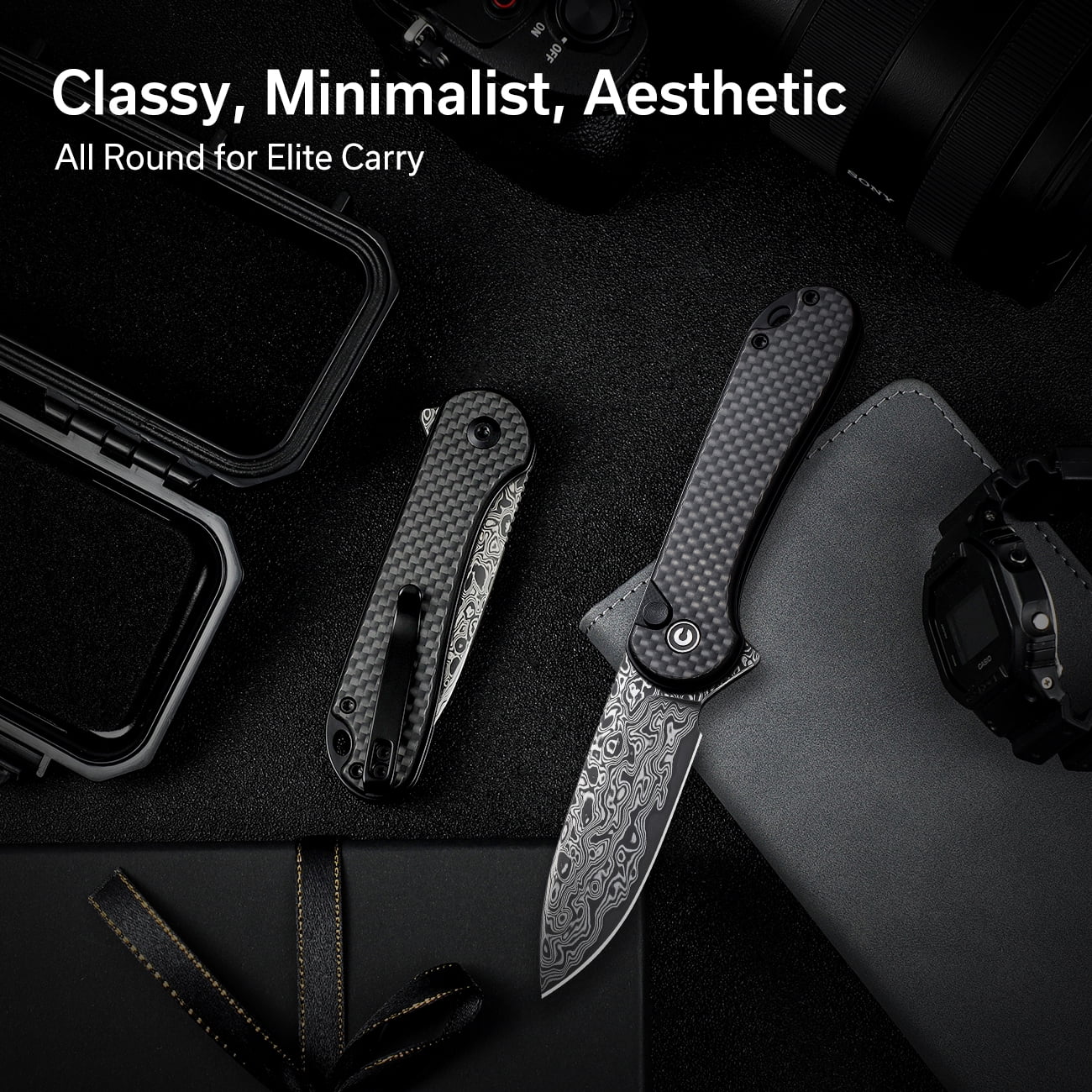 CIVIVI Pocket Folding Knife Button Lock Elementum II Damascus Blade C18062PB-DS1