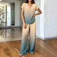 thumbnail image 5 of Cagogo Women Plus Size 2 Piece Outfits Summer Vacation Set Loose V Neck Short Sleeve Tshirt Wide Leg Pants Casual Cruise Travel Lounge Tracksuits Boho Gradient Matching Sets, Beige L, 5 of 6