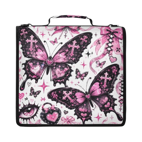 Zipper Binder with Shoulder Strap 2 inch 3 Ring Waterproof File Folder Organizer Bag 500 Sheet Large Butterfly in Black and Pink Tones