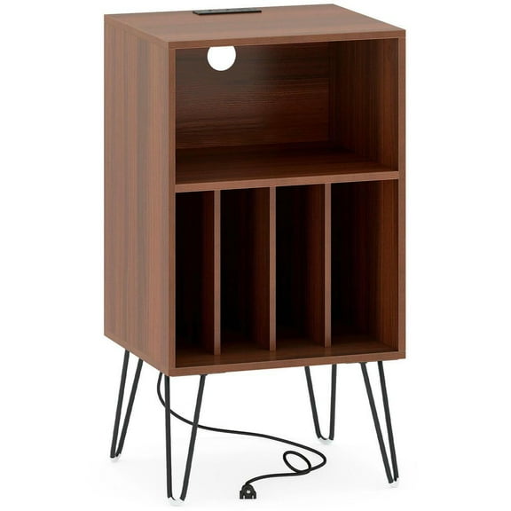 Resenkos Record Player Stand with Charging Station and Vinyl Storage Compartment, Walnut