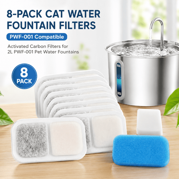 8-Pack Cat Water Fountain Replacement Filters, Activated Carbon Filters for 2L PWF-001 Pet Water Fountains