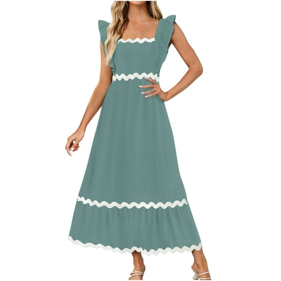 Women's 2024 Summer Casual Flutter Short Sleeve Crew Neck Smocked Elastic Waist Tiered Midi Dress Soft Lightweight Vacation Dress Prime Deal