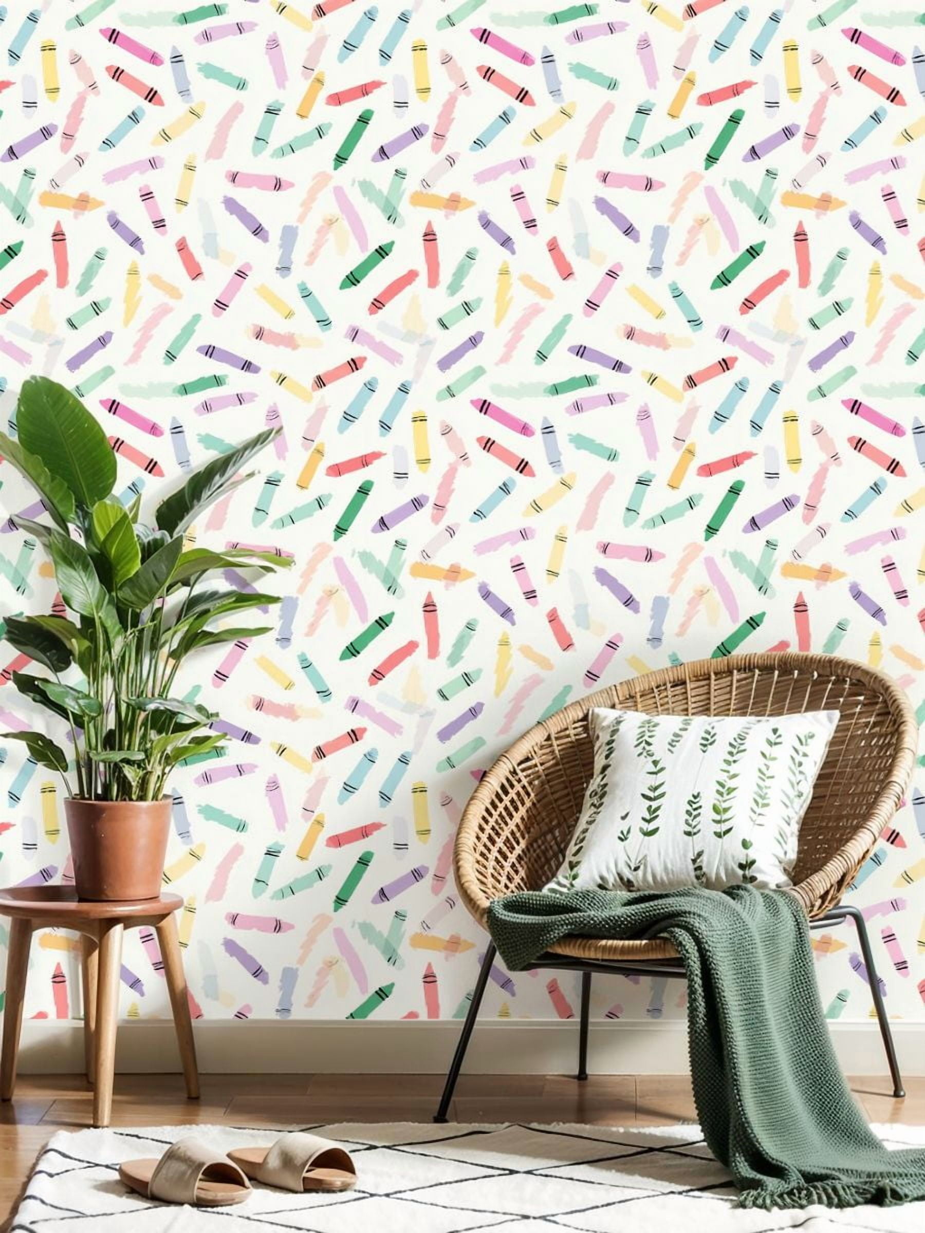 Peel and Stick Wallpaper Pastel Crayon Colorful Hand Drawn Strokes White Wall Mural 17.7in x 9.8ft Self Adhesive Removable Wall Paper Renter Friendly Wallpaper for Nursery Bedroom Classroom