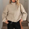 thumbnail image 7 of WTOBBY Women's Fashion Solid Color Baseball Jacket with Long Sleeve, High Neck, Drawstring Hem, and Pockets,Khaki S, 7 of 7
