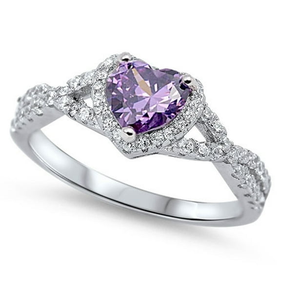 Heart Simulated Amethyst Stone Surrounded By Round Cubic Zirconia Swirl Design Ring Sterling Silver 925