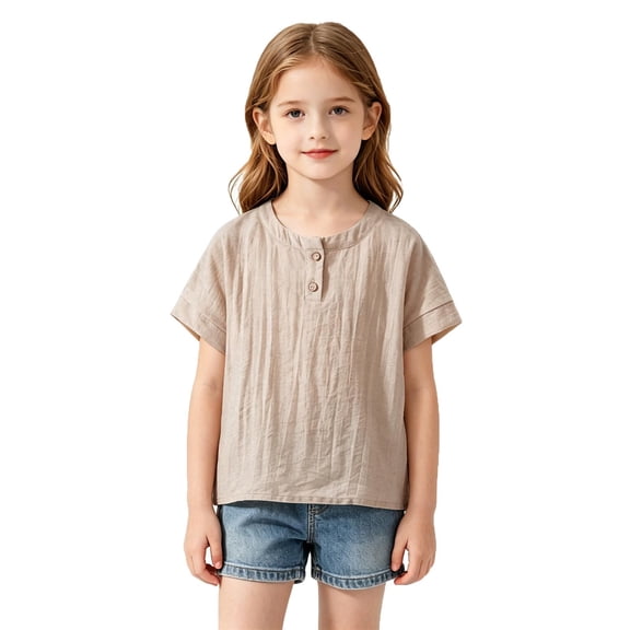 JAJAHO Girls Summer Basic Tees Henley T Shirt Short Sleeve Casual Loose Fit Solid Color Tshirts For Kids 2-9Y Versatile Tops