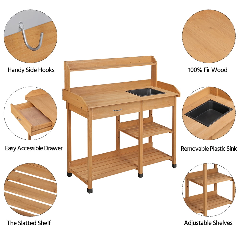Renwick Wooden Potting Bench with Removable Sink Drawer, Oak