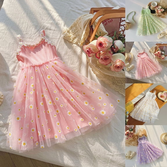 Trendfront Girls Daisy Mesh Dress Mid-Length Sleeveless Square Neck Toddler Tied Strap Layered Tulle Summer Beach Outfits