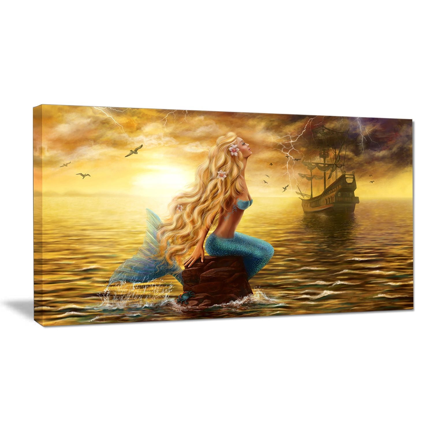 Design Art Sea Mermaid with Ghost Ship Seascape Digital Art Canvas Print