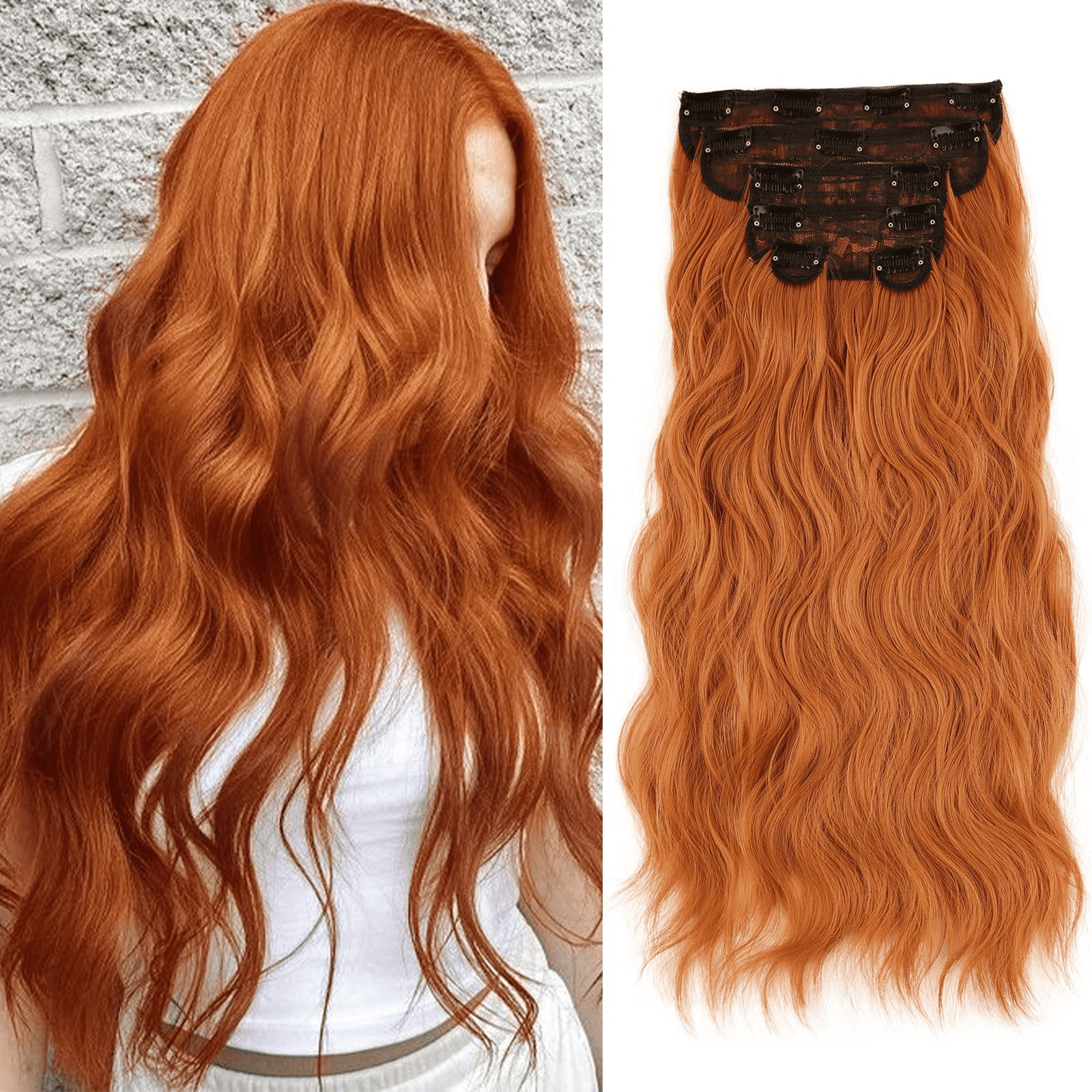 MORICA Clip In Hair Extensions 20 Inch 6pcs Cooper Red Long Wavy Curly