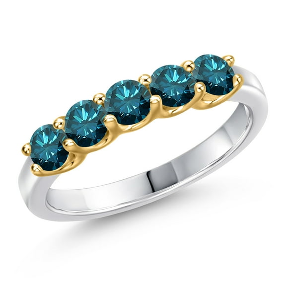 Gem Stone King 10K Two Tone Gold Blue Diamond Wedding-Bands Ring for Women | 0.75 Cttw | Round 3.5MM | Gemstone April Birthstone | Size 5