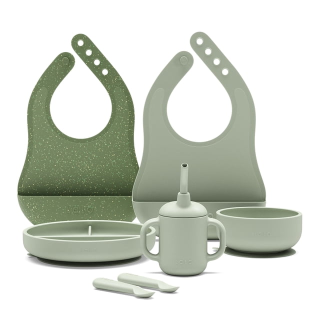 Set de alimentación Lalo First Bites de silicona para bebés, LED, destete, salvia