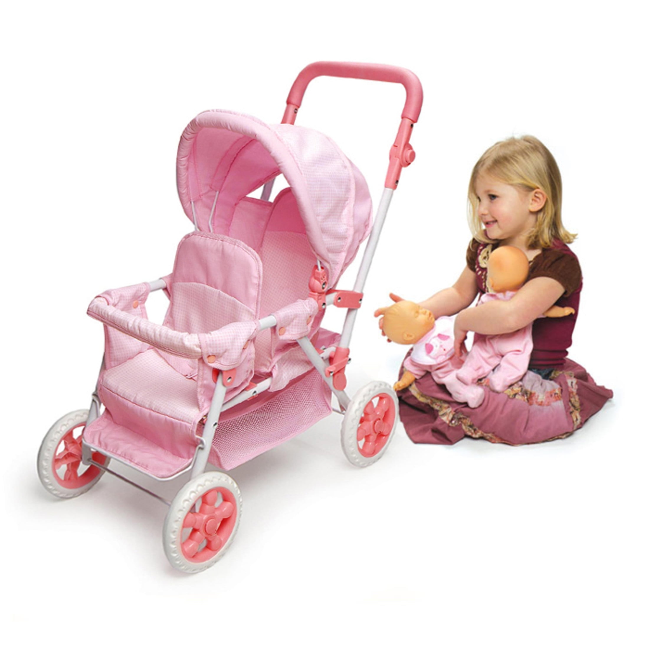 Folding Double Front to Back Doll Stroller Pink Gingham Walmart