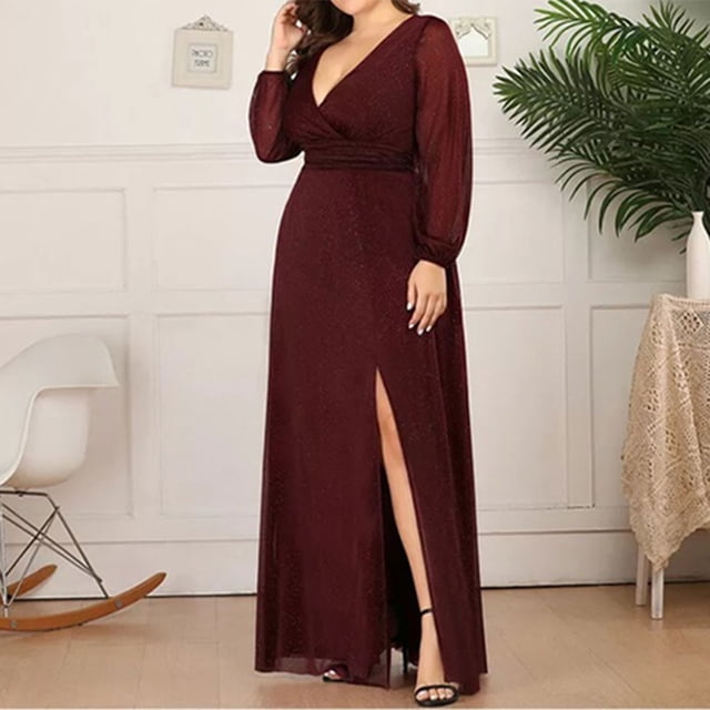 LSLJS Mode Femmes Sexy Plus Size V Cou Manches Longues Perspective Épissage Paillettes Robe, Robes de Cocktail pour les Femmes Soirée