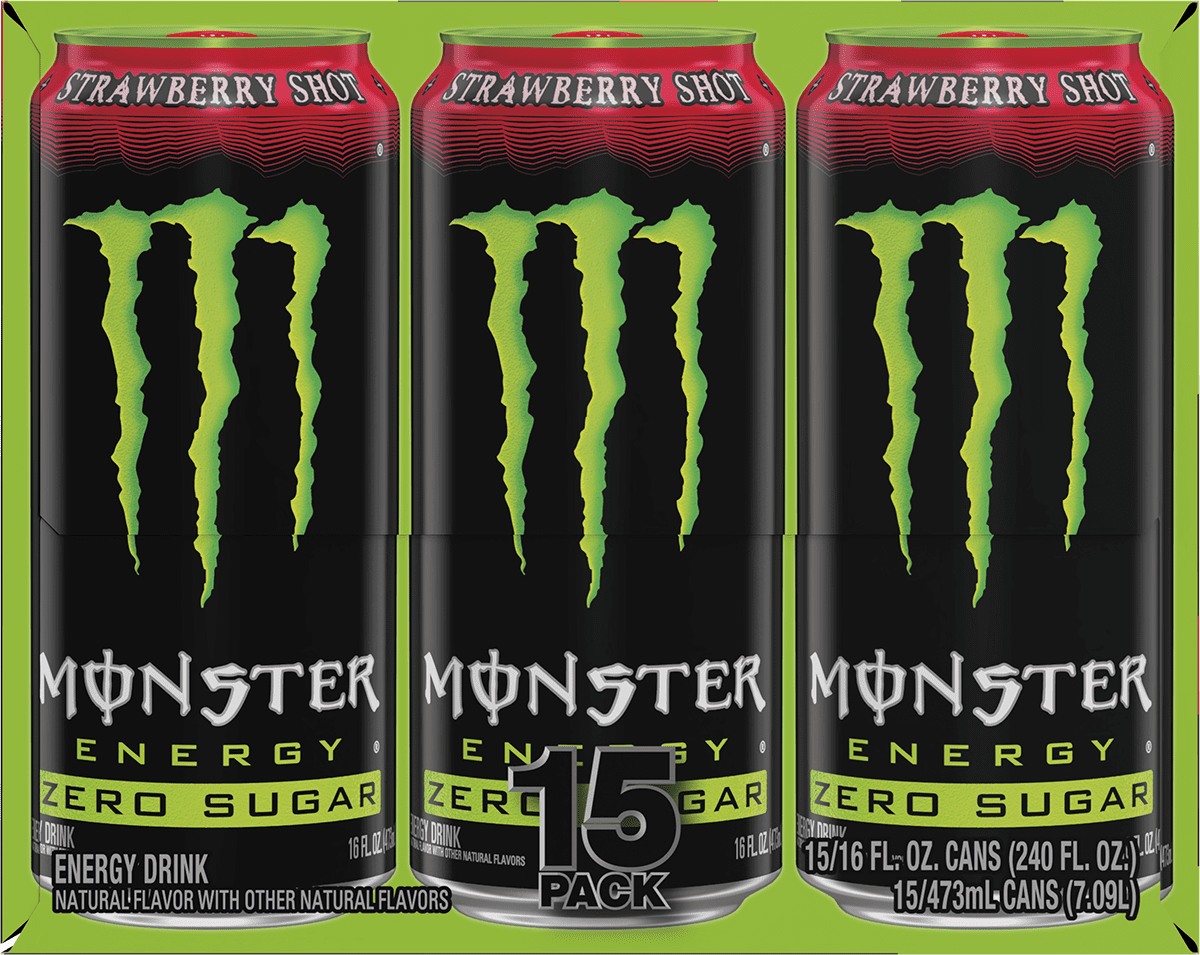Monster Energy Zero Sugar, Strawberry Shot, Energy Drink, 15 Pack - 16 Fl Oz