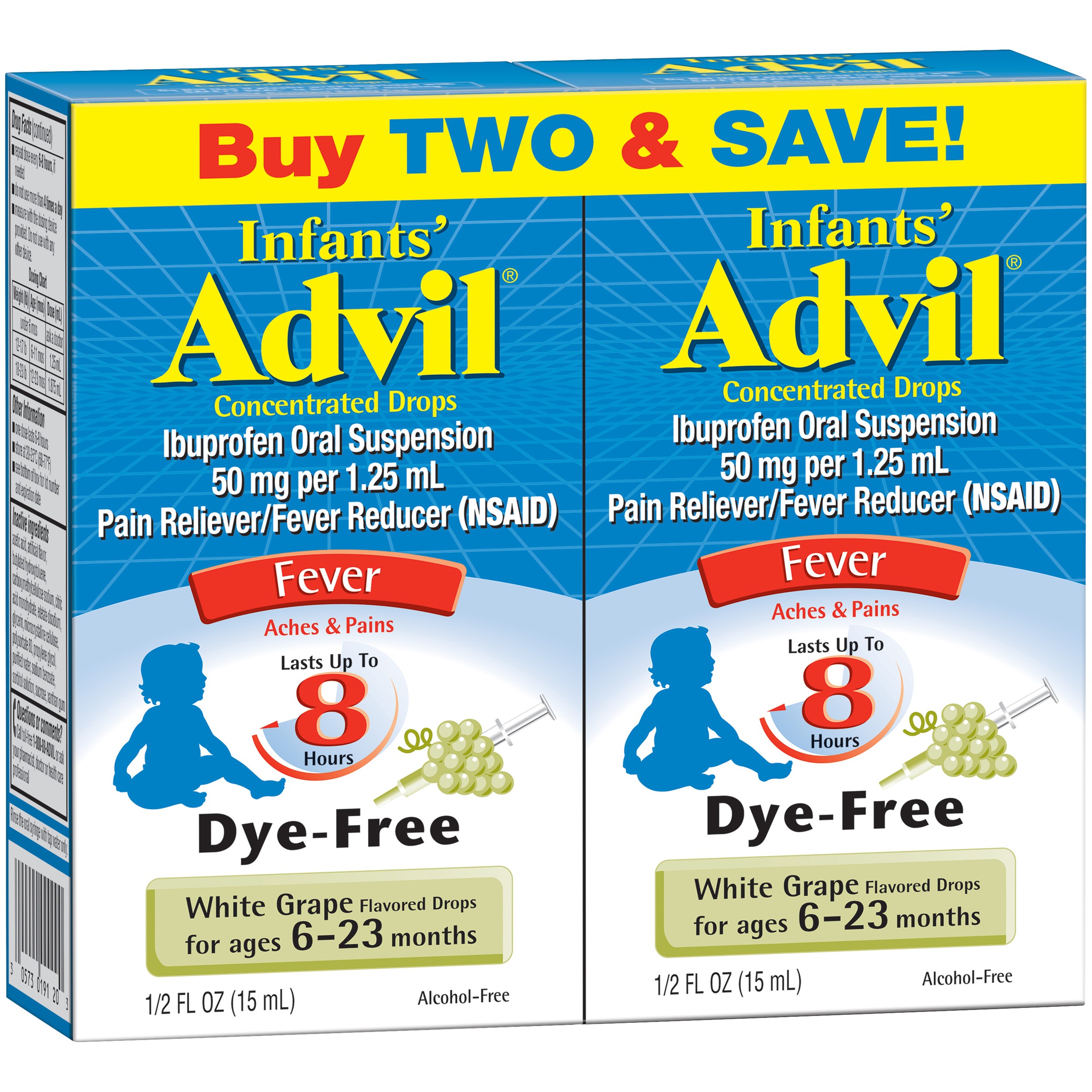 Infants' Advil® Concentrated Drops Fever Reducer/Pain Reliever (Ibuprofen) in Dye-Free White Grape Flavor 50mg 2-0.5 fl. oz. Boxes - image 5 of 6
