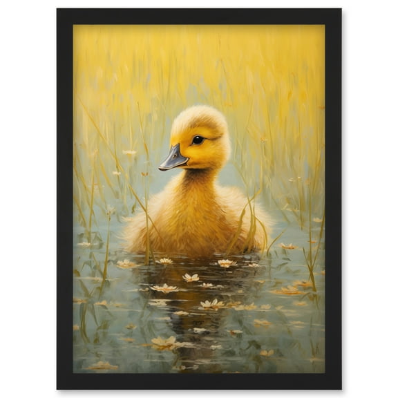 Cute Yellow Ducking in Countryside Pond Oil Painting Kids Bedroom Baby Duck Bright Artwork Framed Wall Art Print A4