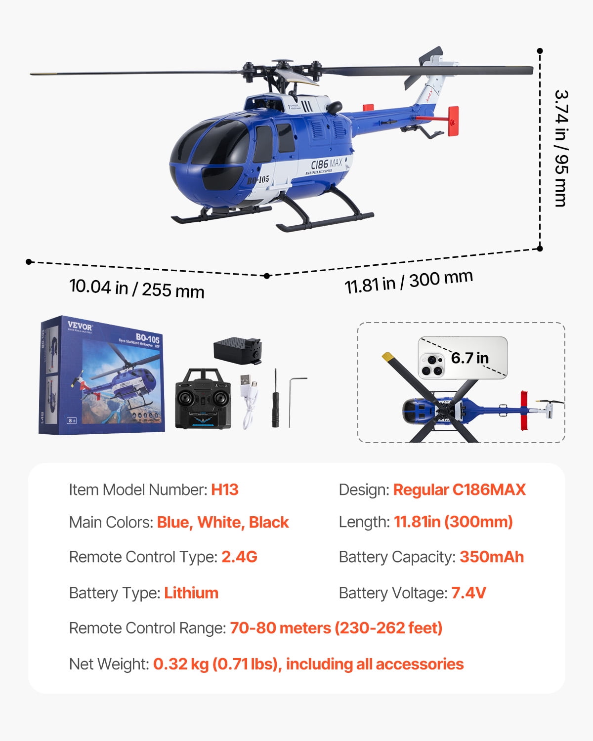 VEVOR RC Helicopter, 2.4GHz 4-Propeller Remote Control Helicopter with 6-Axis Gyro, 4-Channel RC Airplane for Beginner, LED Light & One-Key Takeoff/Landing, Plane Toys for Kids Ages 8 and up