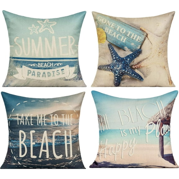 Outdoor Decorative Beach Coastal Throw Pillow Covers 18x18 Set 4 Summer Nautical Patio Furniture Sunbrella Ocean Themed Decoration Cushion Starfish Accent Pillows for Daybed Couch Sofa