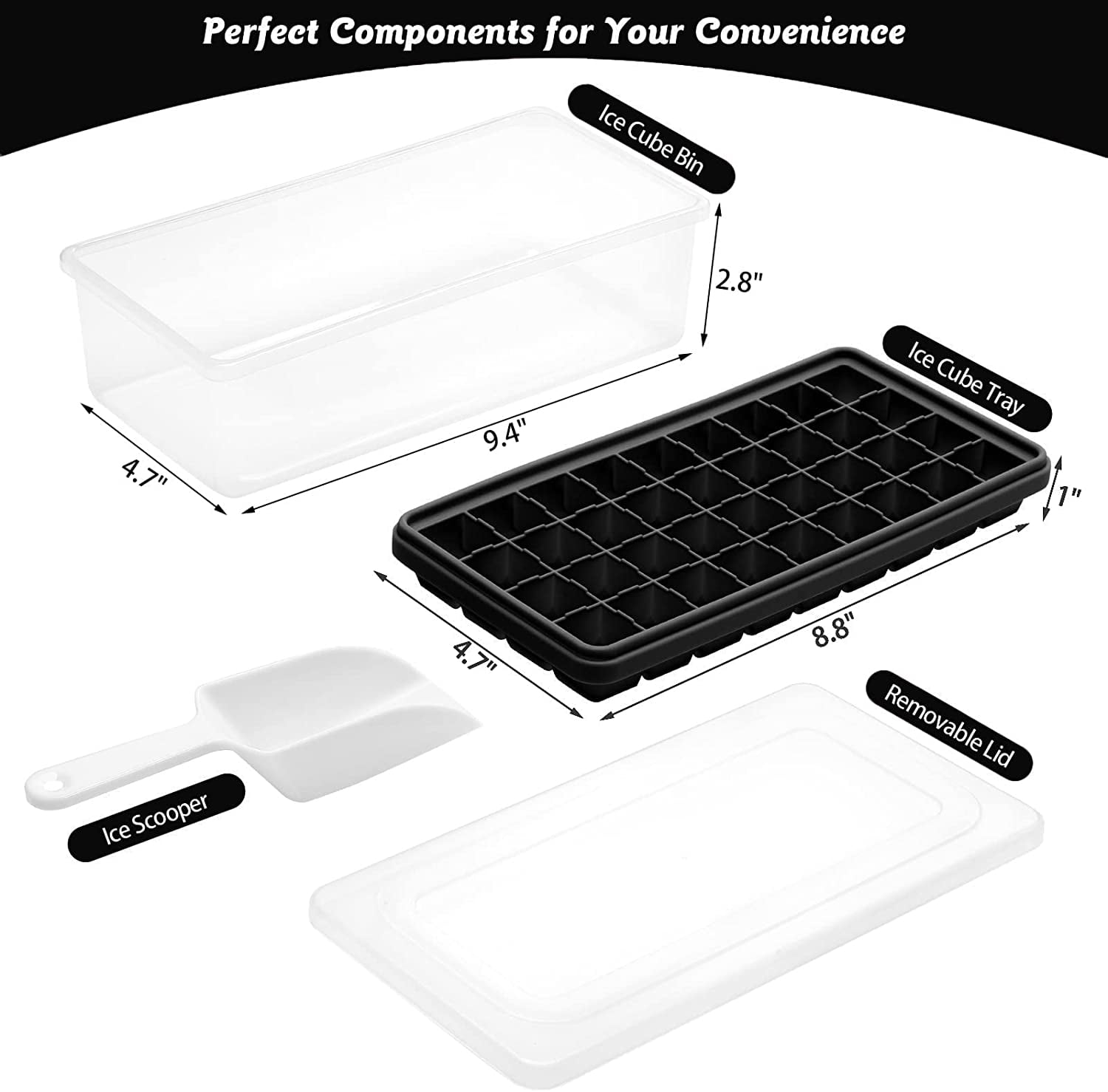 Silicone Ice Cube Tray with Leak-Proof Lid & Storage Bin for Freezer – BPA-Free 36-Piece Nugget Ice Molds, Spill-Resistant Cover & Ice Scoop Container Cover Deep Black