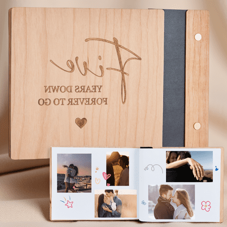 1 Piece 5th Anniversary Scrapbook Album Wooden Cover DIY Photo Book for Couples 60 Blank Pages 10 x 7.2 Inch