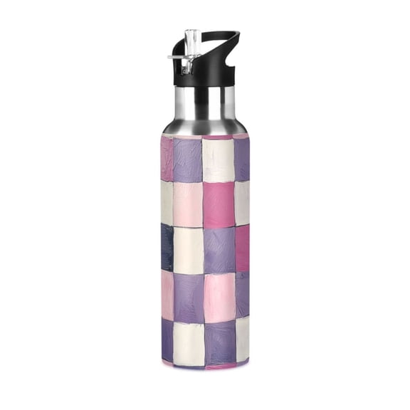 Yayeee 20oz Insulated Water Bottle Double Wall Stainless Steel with Flip Straw Lid, Pink and Purple Plaid Pattern