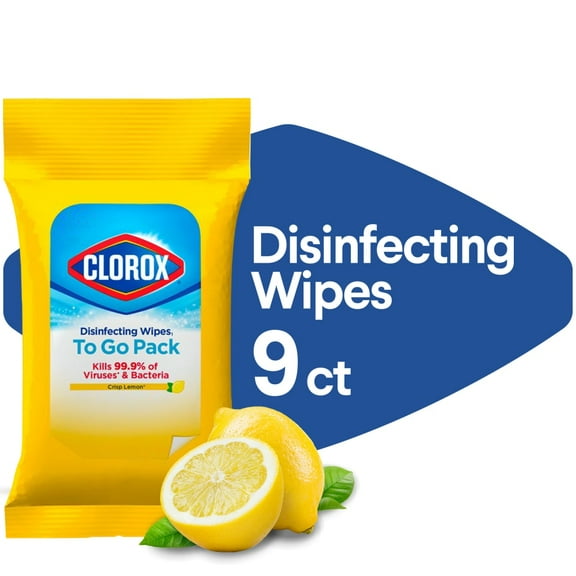 Pack of 2 Clorox On the Go Crisp Lemon Disinfecting Wipes, 9 ct (Package May Vary)
