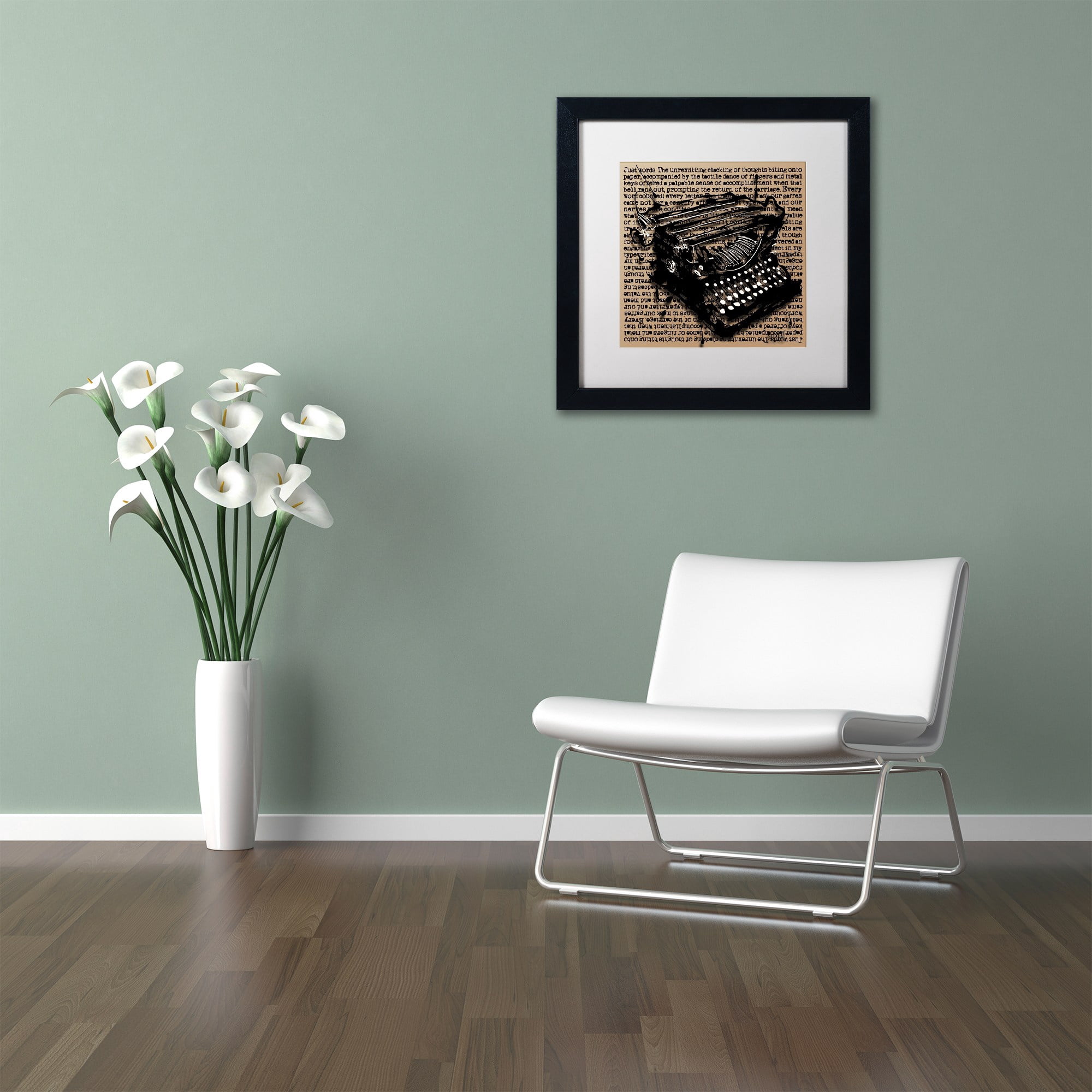 Trademark Fine Art "Three-Quarter Typewriter" Canvas Art by Roderick Stevens, White Matte, Black Frame