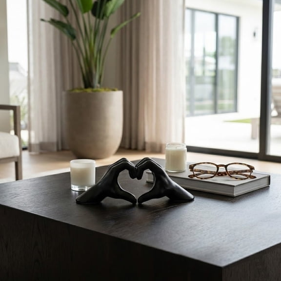 Decorative Hand Heart Sculpture for Home Decor - Modern Figurine Statue for Bathroom, Office, and Living Room Decor - Ornament Accent for Shelf Styling and Coffee Table - 5", Black