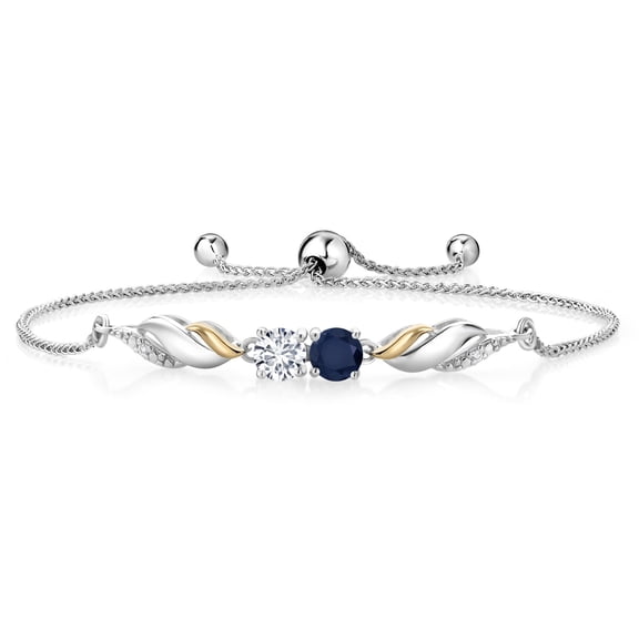 Gem Stone King 1.12 Ct Blue Sapphire E-F Lab Grown Diamond 925 Silver and 10K Yellow Gold Bracelet for Women