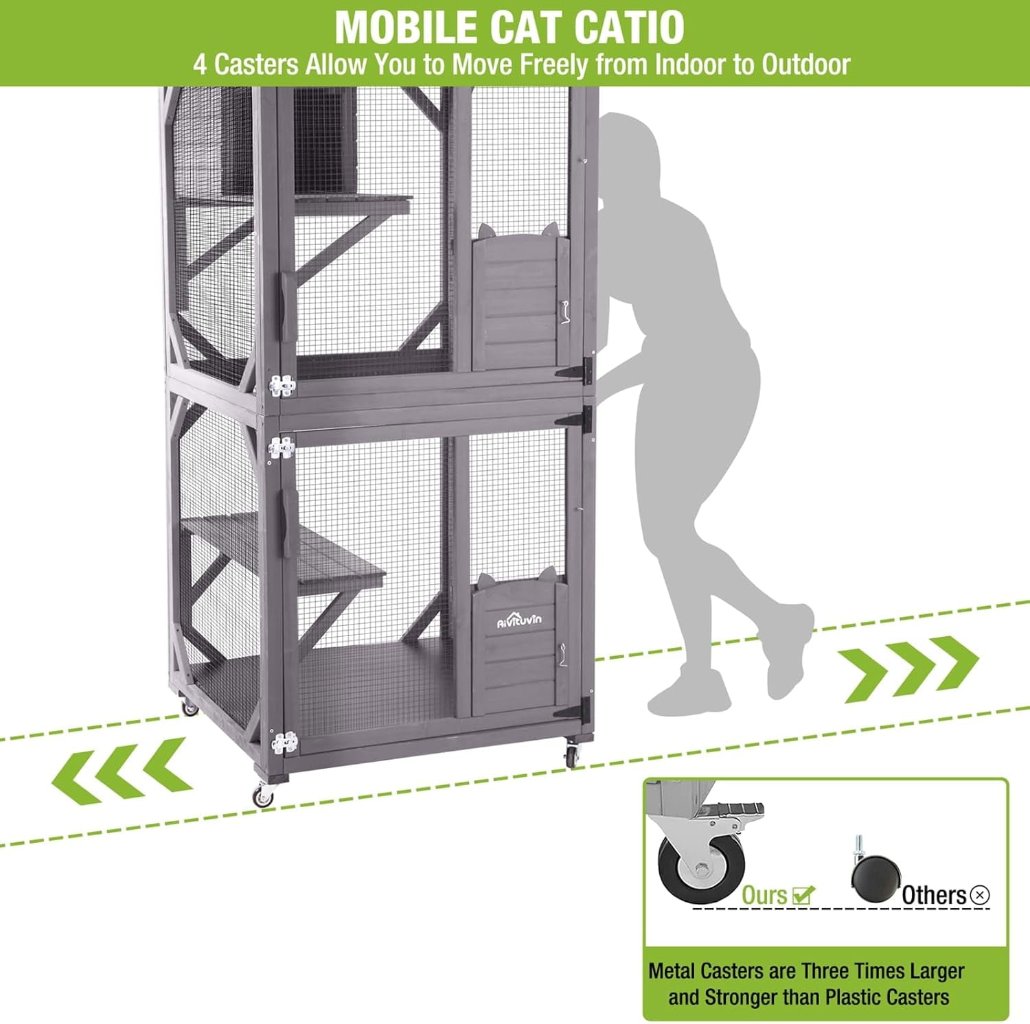 MEDEHOO Mobile Catio on Wheels - Outdoor Cat House Enclosure with Waterproof Roof & Upgraded Resting Box, 70.9" Feral Cat Cage / Bird Cage