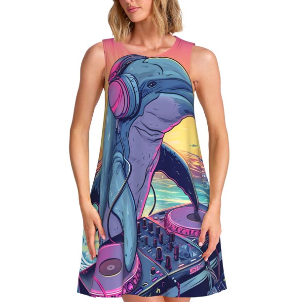 Fotbe Hip-Hop DJ Dolphin Vestido de Verano sin Mangas para Mujer – Vestido Midi Línea A, Estilo Camiseta Floral, Vestido Playero Casual y Fluido