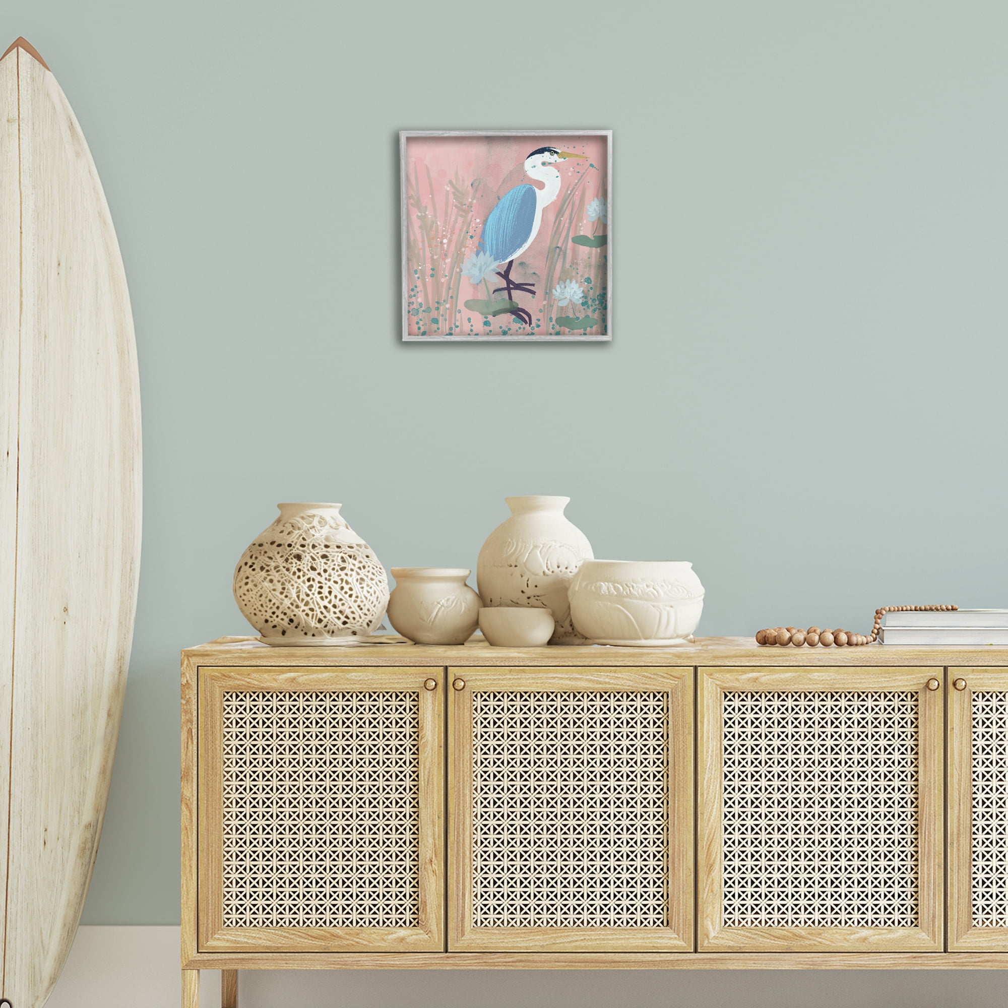 Stupell Industries Coastal Bird with Lotus Flowers Animals & Insects Painting Gray Framed Art Print Wall Art, 17 x 17