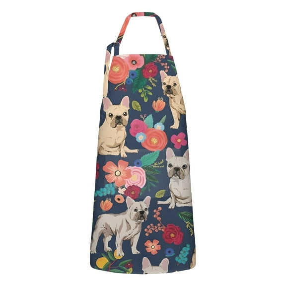 French Bulldog Dog and Pioneer Flower Apron-Garden Aprons for Women with Pockets-Cotton Linen Waterproof Kitchen Cooking Gardening Aprons Adjustable for Kitchen,Cooking,BBQ and Salon 33x27 Inch