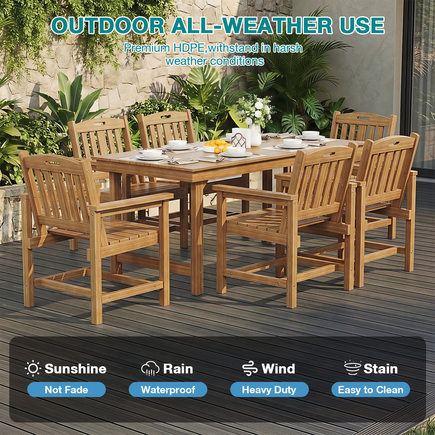 Erinnyees 7-Piece HDPE Outdoor Dining Set, 66.9" Marble Texture Patio Table with Umbrella Hole, and 6 All-Weather Chairs for Yard Deck Porch, Teak