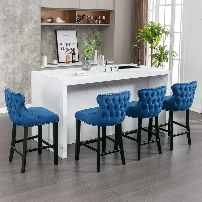 Velvet Bar Stools Set of 2 Tufted Bar Chairs for Counter and Bar Height 27 in Barstool Set Kitchen Stools for Island Wood Frame Upholstered Blue Set of 2 Walmart