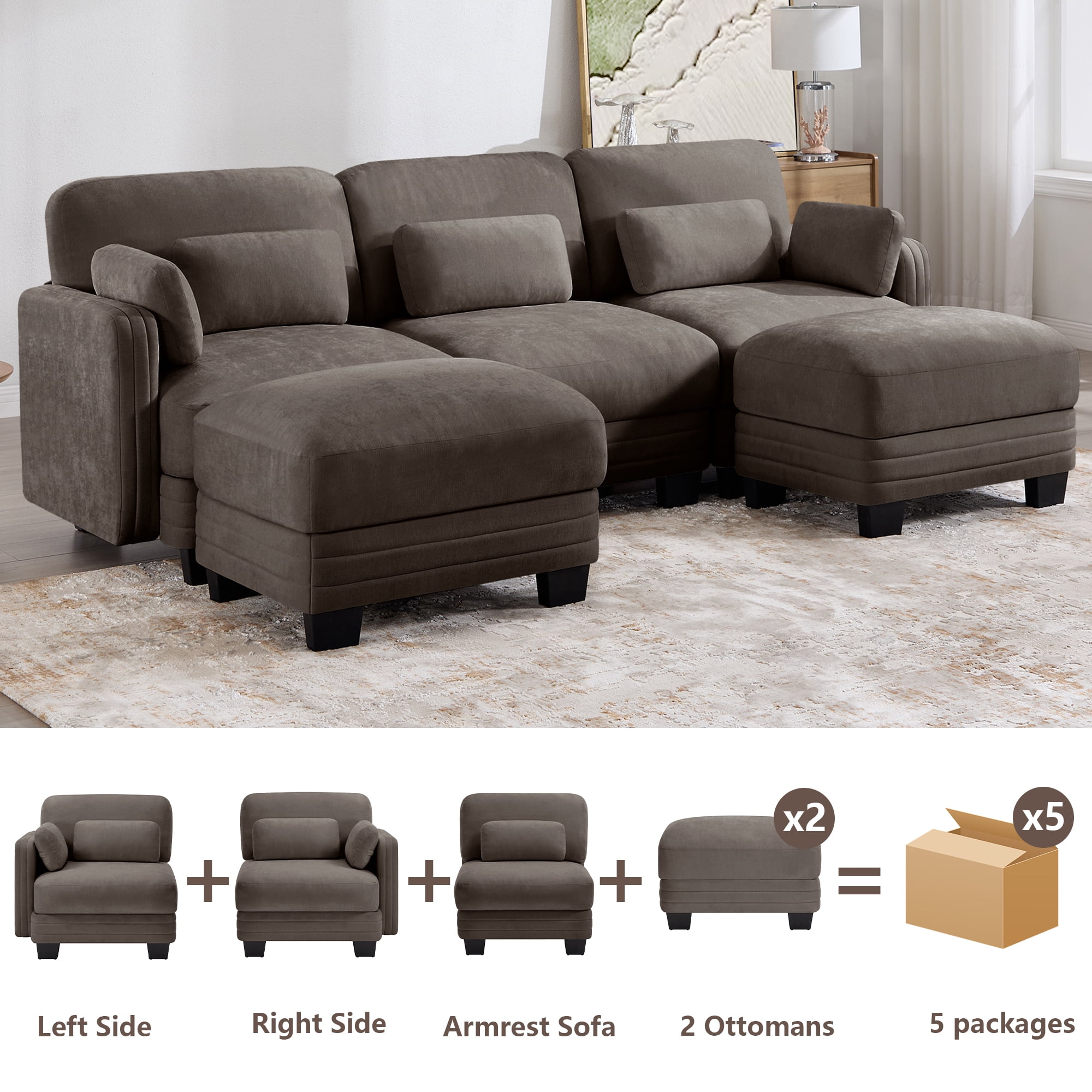 100" U-shaped Tufted Modern Modular Sectional 3 Seater Sofa Couch with 2 Ottomans and 5 Pillows