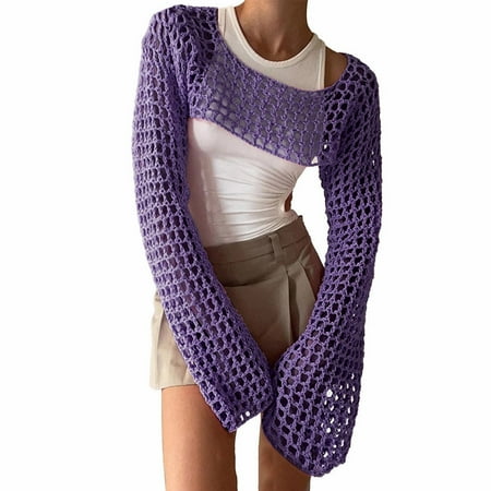 Women sy European and Swimsuit Women Cover Up American Cutout Knitwear Solid Beach Cover Ups for Womeny Color Crew Neck Long Rhinestone Cover Up Sleeve Knitwear Blouse