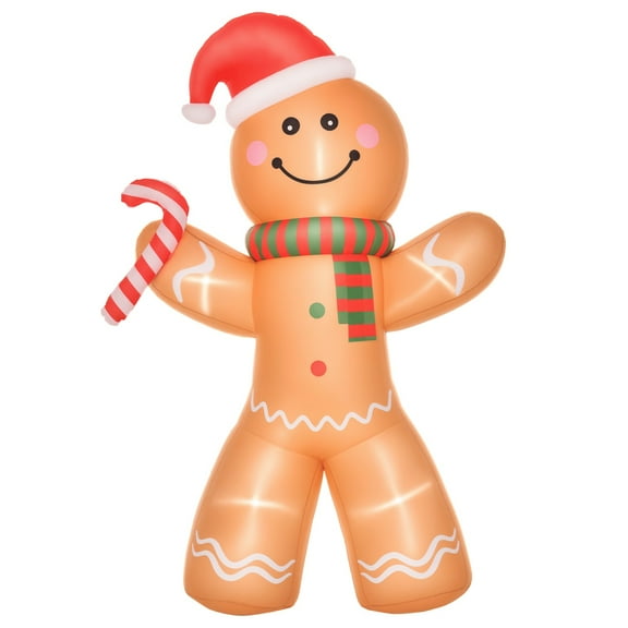 HOMCOM 8ft Christmas Inflatable Gingerbread Man with a Candy Cane  Outdoor Blow-Up Yard Decoration with LED Lights Display