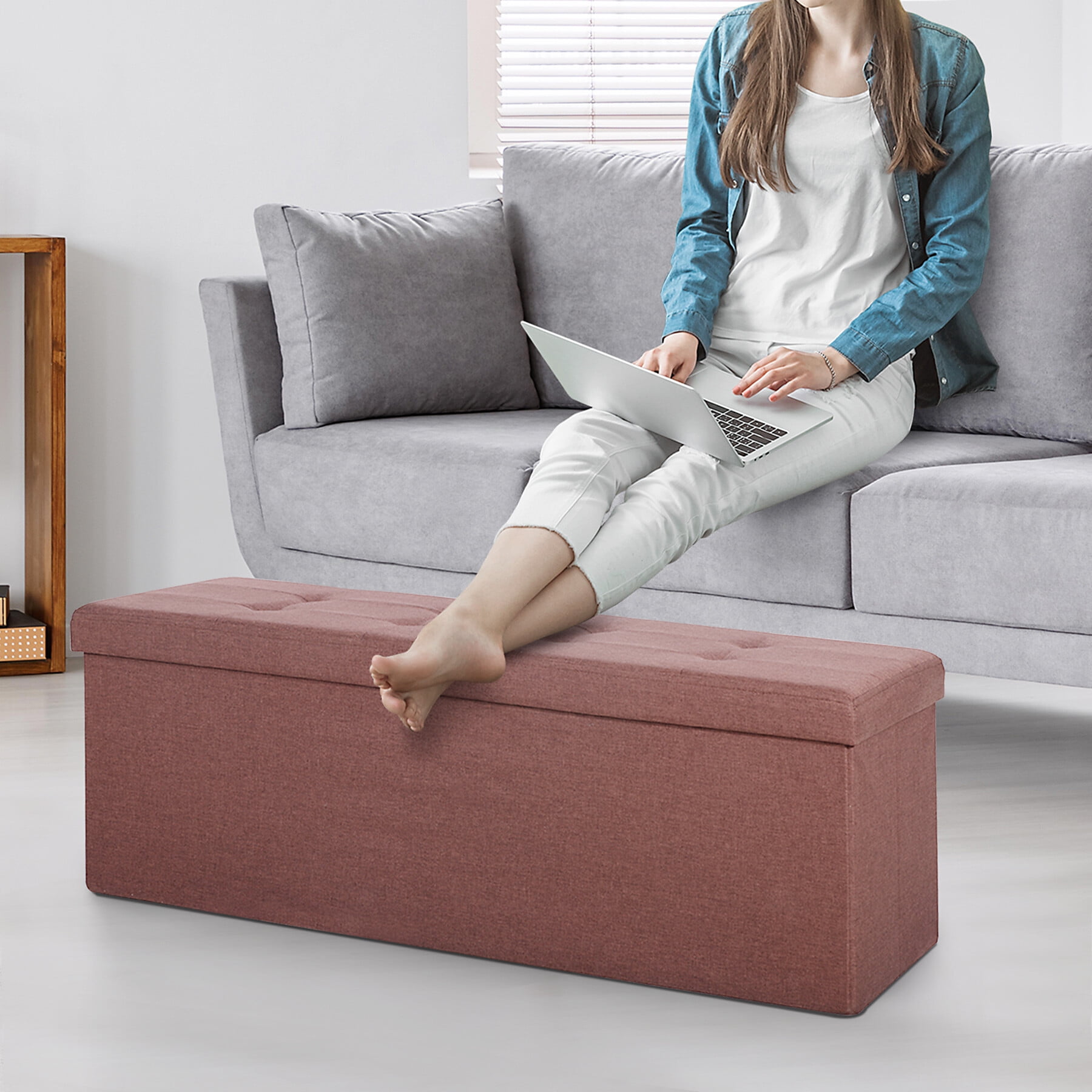 HomGarden 43'' Linen Storage Ottoman Bench, Foldable Footrest Stool W/ Divider, Brown