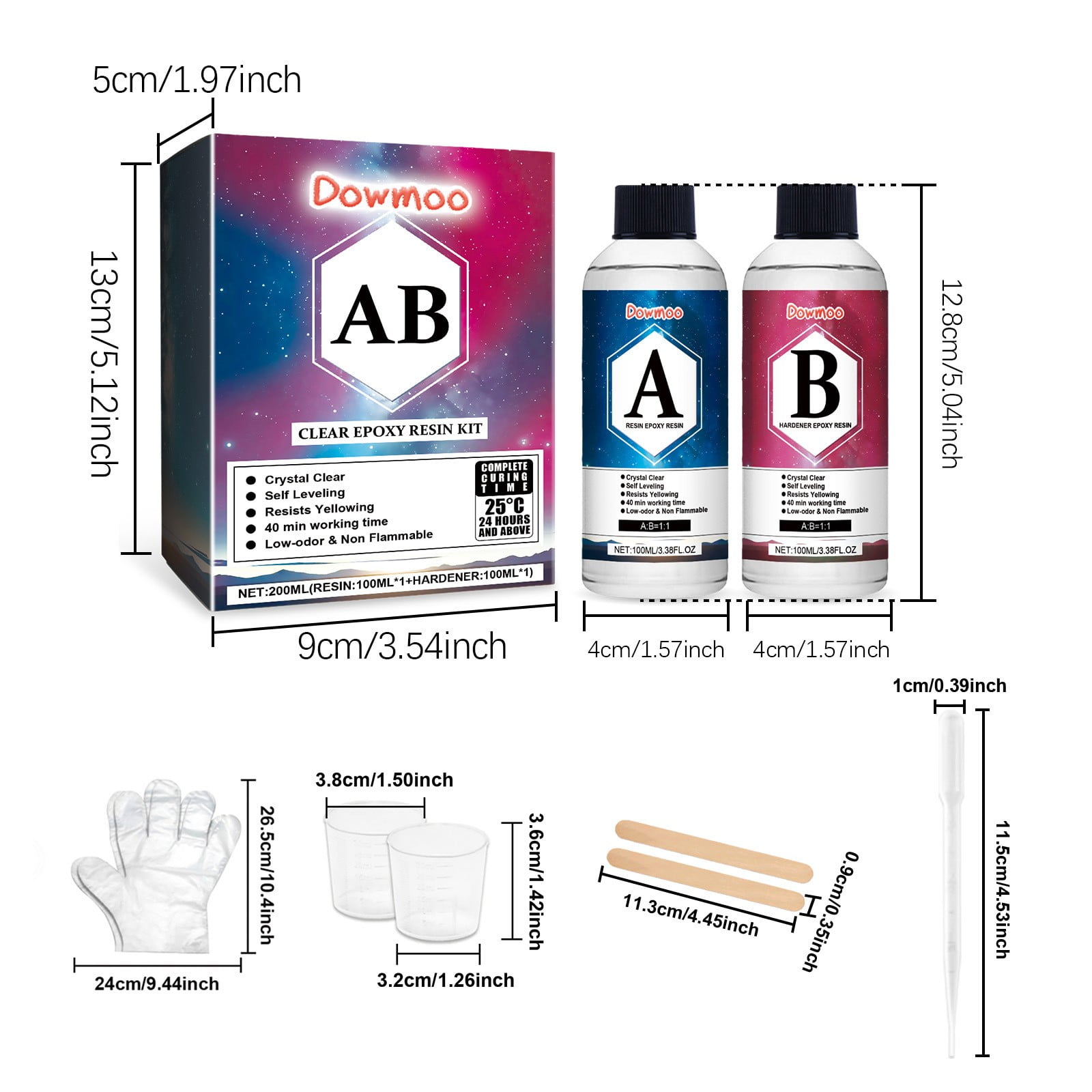 Dowmoo Epoxy Resin AB Glue Kit - High Transparency, Anti-Yellowing, Includes 1A Resin, 1B Hardener, 2 Stir Sticks, 1 Pair Gloves, 2 Mixing Cups - For DIY Crafts, Crystal Making, Art Projects, Jewelry