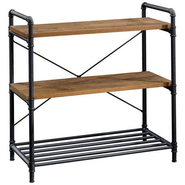 Sauder Iron City Engineered Wood/Metal Console Table in Checked Oak/Black