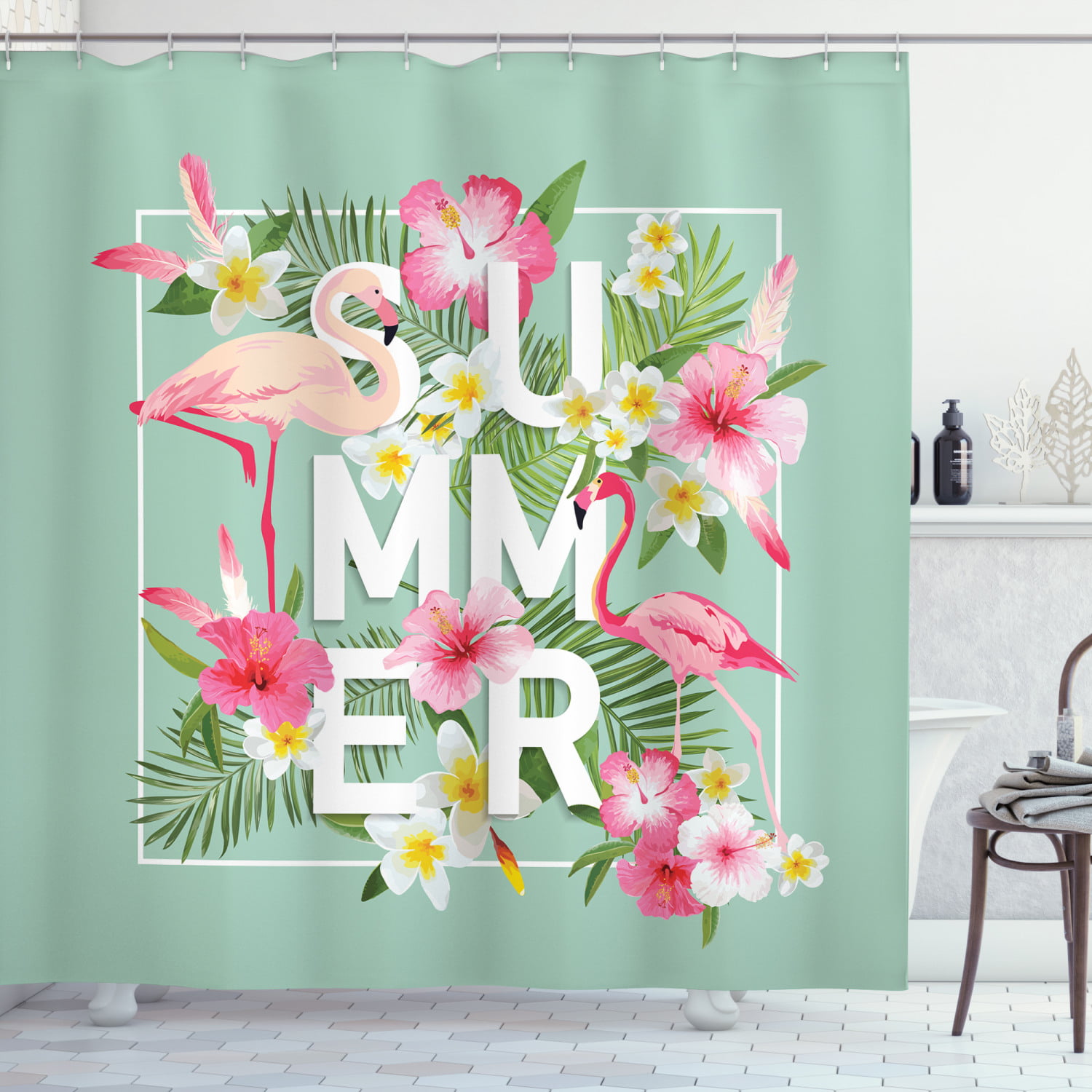 Pineapple Flamingo Bird and Tropical Flower Shower Curtain Set Waterproof Fabric 