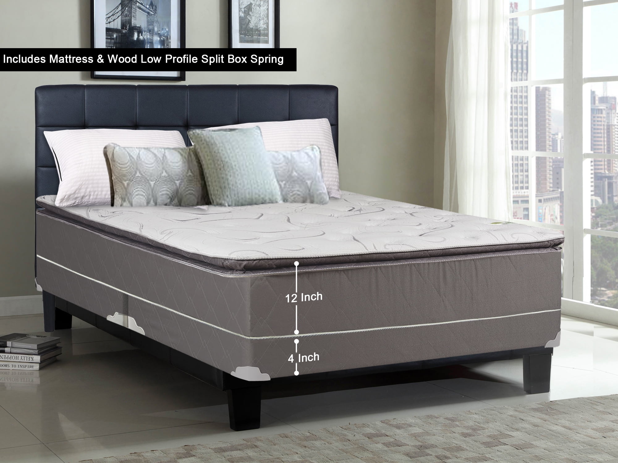 WAYTON 12′ Plush Pillow Top Innerspring Mattress and 4′ Split Wood Box